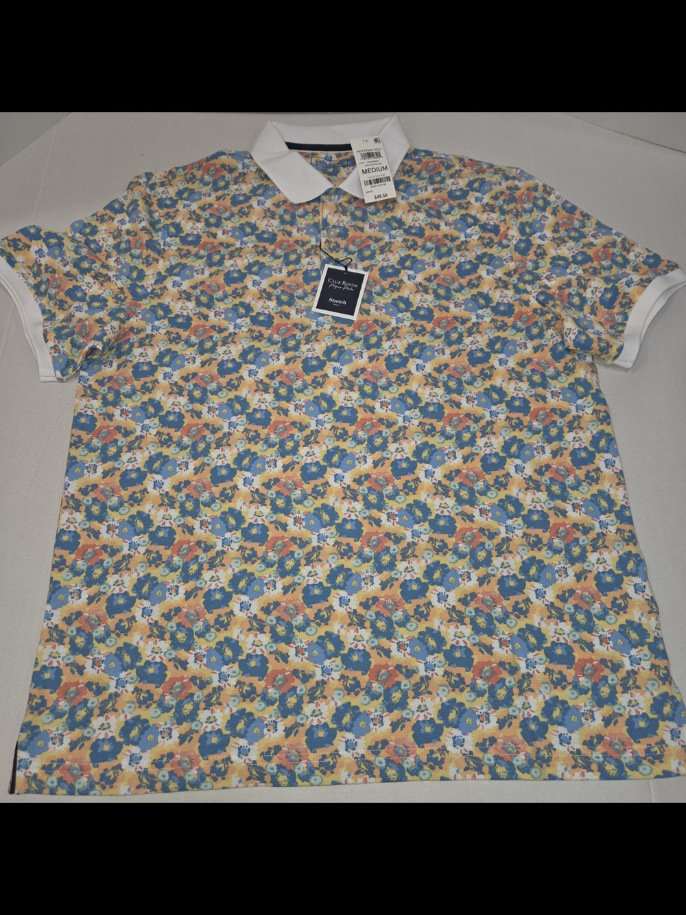 Club Room Floral Print Polo in Blue, Peach and Cream with White Collar